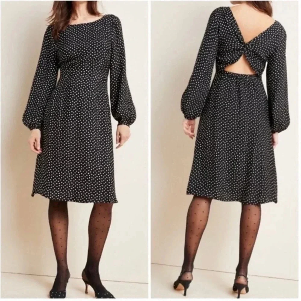 Anthropologie Black White Polka Dot Open Back Flowy Fit Flare Swing Dress